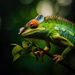 Fototapeta premium Chameleon in the foreground, with the jungle in the background. Nature. generate by ai