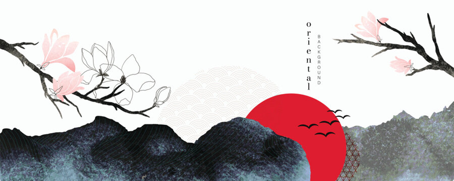 Asian background ,Oriental Chinese and Japanese style abstract pattern background design with magnolia flower decorate in water color texture