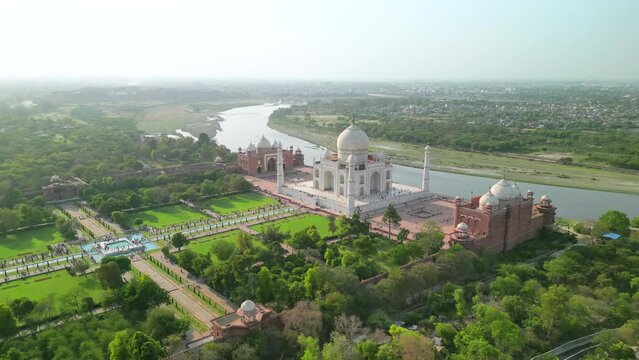 Taj Mahal, India: Aerial view of of iconic monument in city Agra (Uttar Pradesh), famous marble mausoleum on right bank of river Yamuna - landscape panorama of South Asia from above