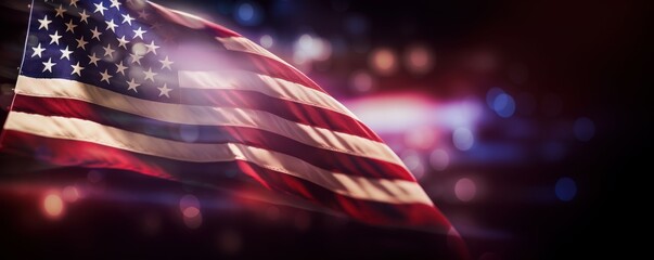 American Flag waving on bokeh motin blur background. USA Flag for Memorial Day or 4th of July. Generative AI