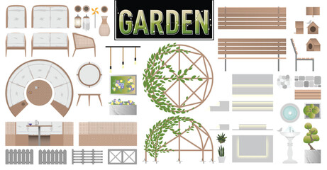 Garden Vector Set with Plan and Elevation Views of Outdoor Furniture