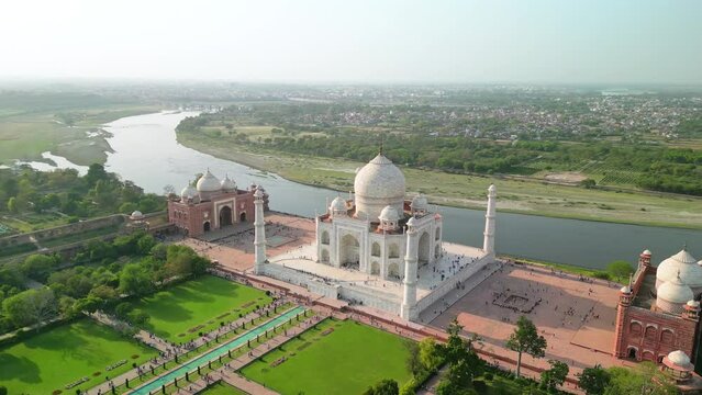 Taj Mahal, India: Aerial view of of iconic monument in city Agra (Uttar Pradesh), famous marble mausoleum on right bank of river Yamuna - landscape panorama of South Asia from above