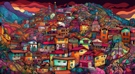 Surreal mountain village illustration - Generative AI