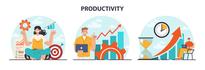 Fototapeta na wymiar Productivity concept set. Character worktime optimization. Employee job