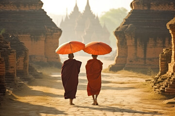 Buddhist monks with a parasol walking barefoot outdoors, rear view. Generative AI
