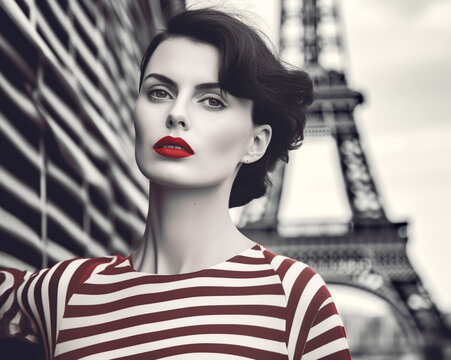 Beautiful woman with red lips on the background of the Eiffel Tower, retro, black and white photo. Generative AI