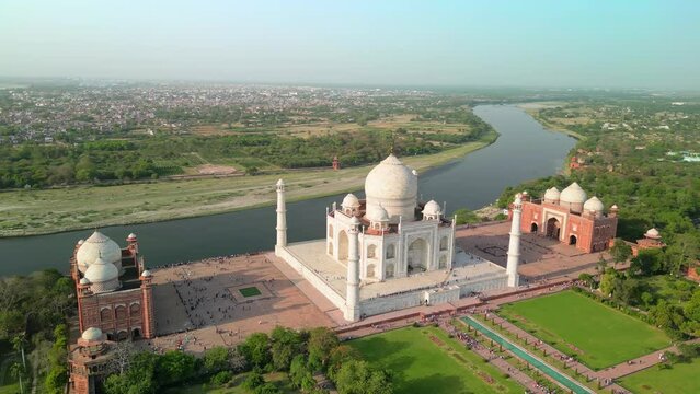 Taj Mahal, India: Aerial view of of iconic monument in city Agra (Uttar Pradesh), famous marble mausoleum on right bank of river Yamuna - landscape panorama of South Asia from above