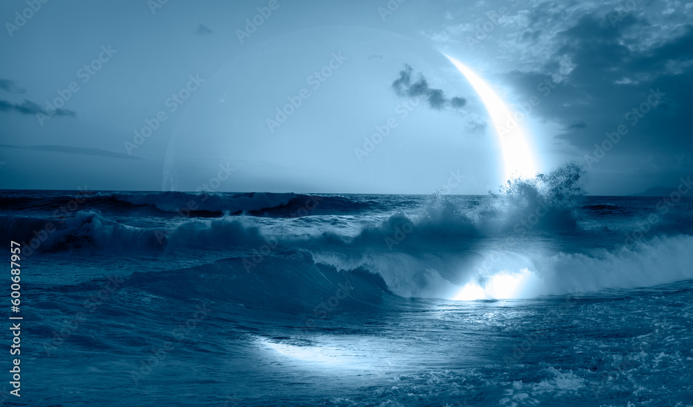 Poster abstract dark blue background with crescent in the sea with strong waves in the foreground at night