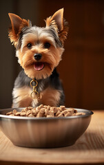 Adorable Yorkie with a vibrant coat eagerly anticipates a meal, with a metal bowl full of kibble in front. The warm background amplifies the pup's lively expression and the intimate dining moment.