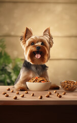 Cheerful Yorkshire terrier joyfully anticipates a meal, seated by bowls of kibble and treats, set in a cozy ambiance with warm lighting and soft shadows. Perfect pet indulgence moment.