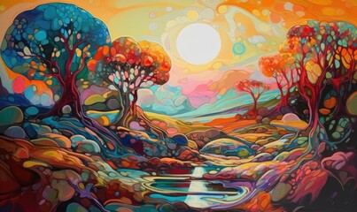 Colorful abstract oil painting, Surreal landscape artwork in contemporary style, generative AI