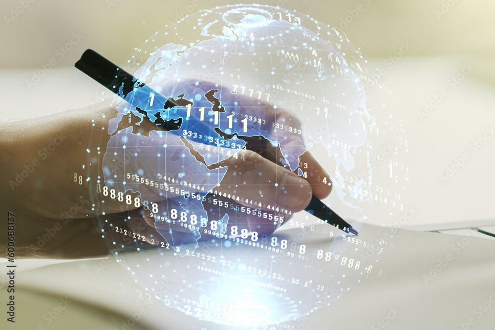 Poster multi exposure of abstract programming language hologram with world map and man hand writing in note