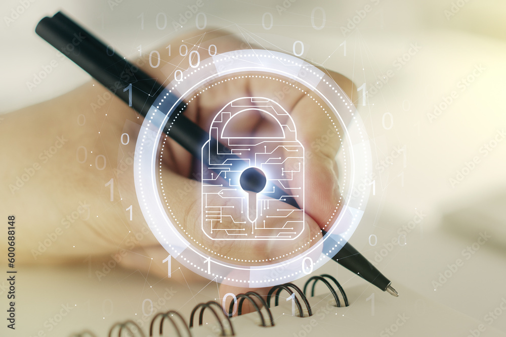 Poster creative lock illustration with microcircuit and man hand writing in diary on background, cyber secu