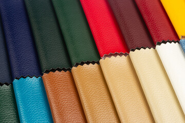 Background from color samples of a test palette of leather fabric