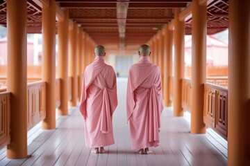 Naklejka premium Buddhist nuns walking barefoot on a temple patio, rear view. Generative AI