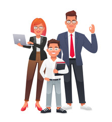 Young happy family of businessmen with glasses. Mom, dad and son are schoolchildren. Beautiful and smiling cell of society. Vector illustration