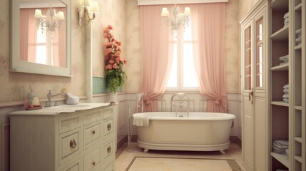 A high-end, spacious bathroom with a large, freestanding bathtub in front of a window, complemented by white towels and cushions. AI-Generated