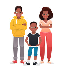 Black friendly strong happy African family with one child. Mom, Dad and son. Beautiful and smiling cell of society. Vector illustration