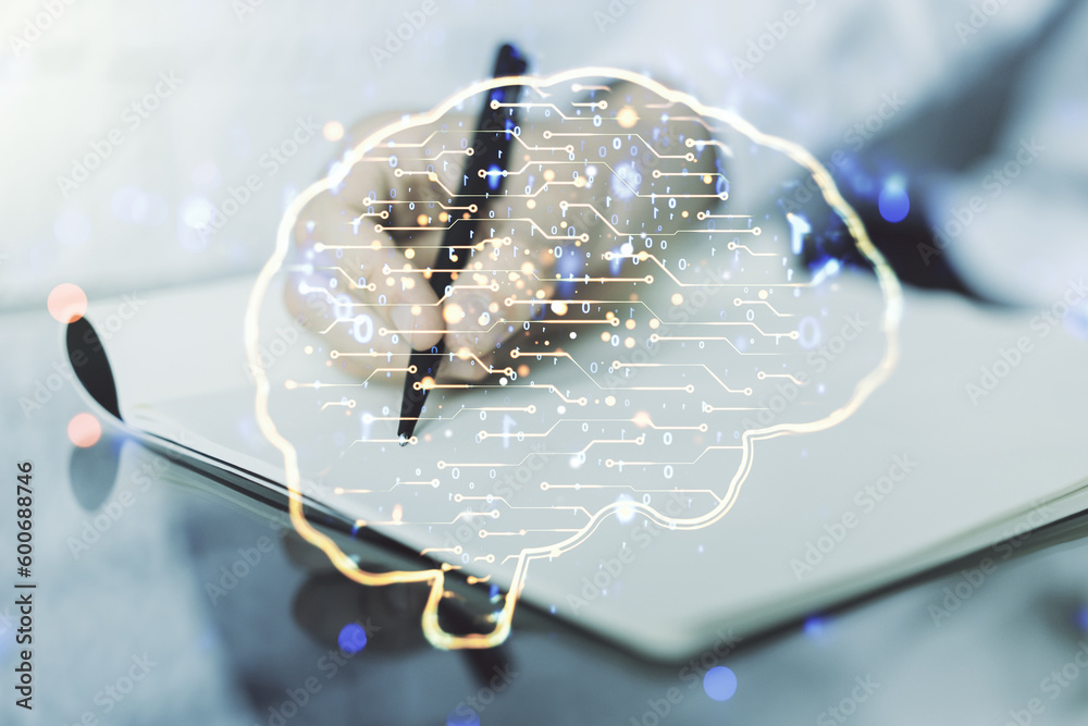 Aufkleber double exposure of creative human brain microcircuit with man hand writing in notepad on background.