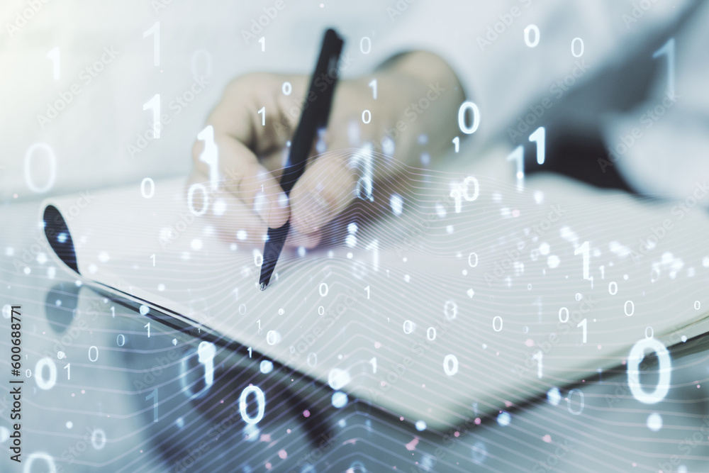 Leinwandbilder Creative concept of binary code illustration and man hand writing in notebook on background. Big data and coding concept. Multiexposure