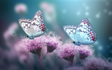 Two butterflies sitting on purple flowers. Generative AI.