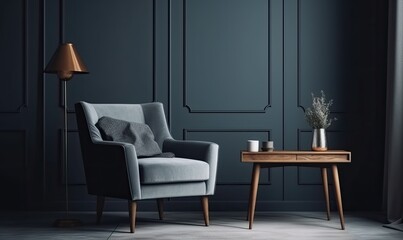 Interior with grey wall blue armchair and wood side table, generative AI