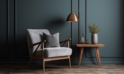 Interior with grey wall blue armchair and wood side table, generative AI