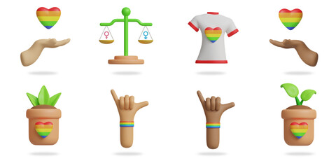 pride day 3D vector icon set.
hand holding heart,judge scale,LGBTQ shirt,LGBTQ plant pot,hand rock music
