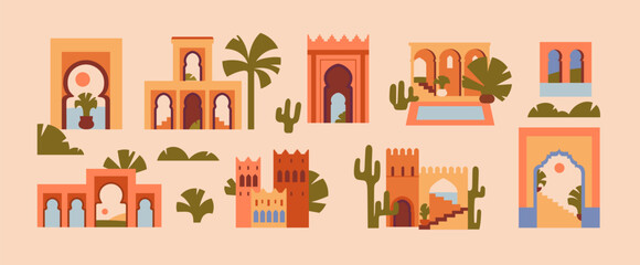 Abstract Morocco architecture set. Moroccan houses decor, building decorations set. Traditional Arab arch doors, windows, gates. Ancient East oriental aesthetic. Flat graphic vector illustrations