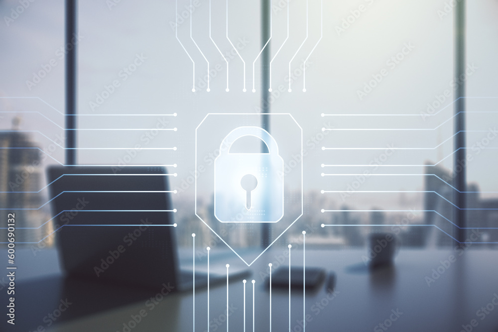 Poster creative light lock illustration with microcircuit and modern desktop with pc on background, cyber s
