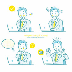 ノートパソコンを使って就職活動を頑張る男性　シンプルでお洒落な線画イラスト