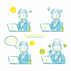 ノートパソコンを使って就職活動を頑張る女性　シンプルでお洒落な線画イラスト