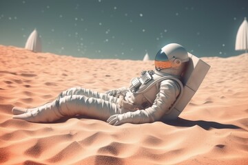 Astronaut sunbathing beach. Generate Ai - obrazy, fototapety, plakaty