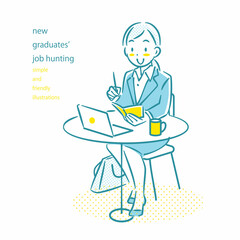 カフェでスケジュールを確認する就活中の女性　シンプルでお洒落な線画イラスト