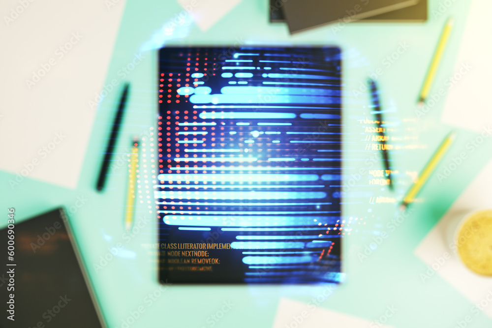 Poster abstract creative coding illustration with world map and modern digital tablet on desktop on backgro