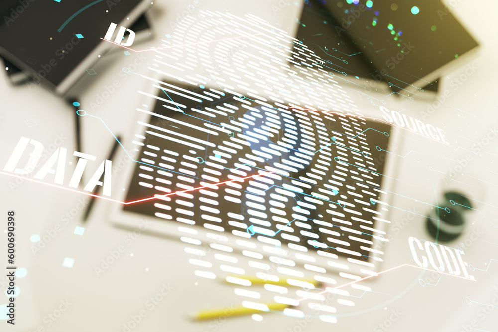 Poster Double exposure of abstract creative fingerprint hologram and digital tablet on background, top view, research and development concept