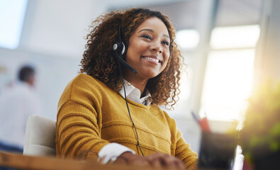 African woman, call center agent or smile with voip for consulting, listening or contact us in office. Female consultant, customer service or tech support crm with headphones, microphone or help desk - obrazy, fototapety, plakaty