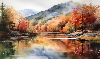 Fototapeta premium Mountains, forests, and a lake in a watercolor scene, Autumn landscape, generative AI