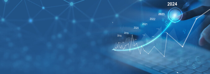 analysis profitability of working companies with digital augmented reality graphics, positive indicators in 2024, businesswoman calculates financial data for long-term investments.