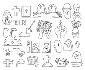 Death and funeral symbol. Grave, cross, cemetery, portrait of deceased, lampada, coffin and hearse, skull and crossbones and ashes, wreath and candle. Set vector doodles. Isolated outline drawings