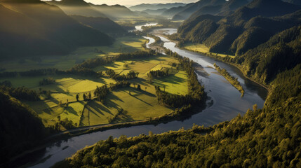 A Serene Sunrise: Capturing the Beauty of a Meandering River Landscape. Generative AI