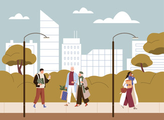 People walking on city street, sidewalk. Citizens, young, senior men, women stroll. Pedestrians going with phone, coffee, shopping bags. Modern urban life, lifestyle concept. Flat vector illustration