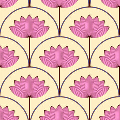 asian style lotus flower seamless pattern in pink ivory blue