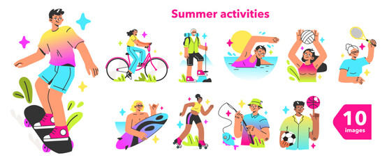 Healthy and active lifestyle set. Diverse characters enjoying being outside