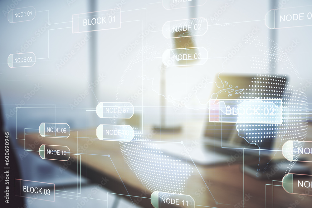 Fototapete double exposure of abstract programming language with world map on laptop background, research and d