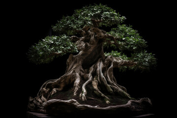 Fototapeta premium Aged bonsai tree isolated on black background generative ai