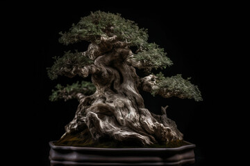 Fototapeta premium Aged bonsai tree isolated on black background generative ai