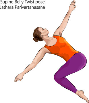 Young woman practicing yoga exercise, doing Supine Belly Twist or Supine Abdominal Twist pose. Jathara Parivartanasana. Supine and Twist. Beginner. Vector illustration isolated on white background.