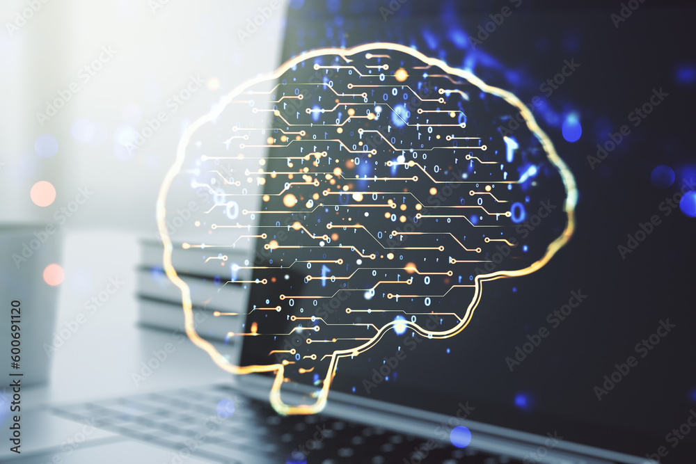Poster double exposure of creative artificial intelligence symbol with modern laptop on background. neural 