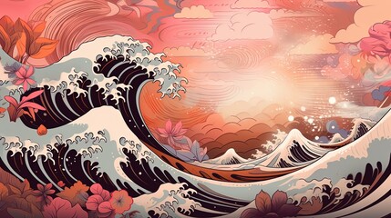 euphoria dreamy aura atmosphere, collage illustration style of big Japanese wave in dreamy atmosphere, Generative A